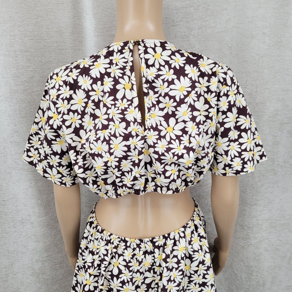 Indulge Cotton Daisy Print Mini Dress in Brown and White Cut Out Sides and Back - Picture 8 of 11